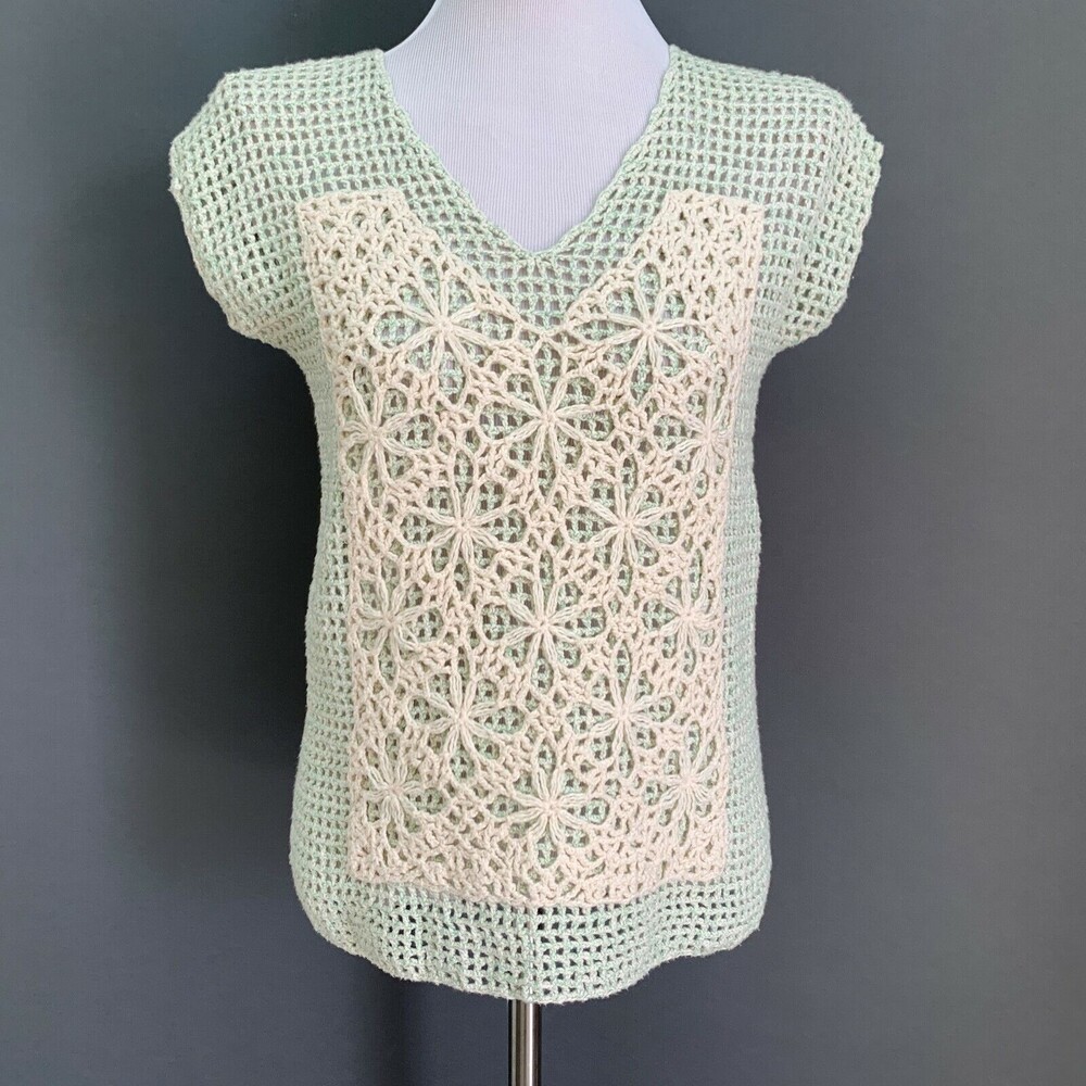 Field Flower‎ Women's Sweater Small Green Ivory Crochet Sheer Back Butterfly